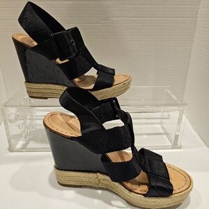 Coach Black Leather Slingback Wedges, Patent Leather Heel, Buckle,  Size 6